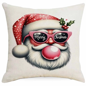 Detail of Santa Claus blowing bubbles print on square linen throw pillow cover