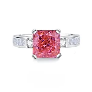 Detail of S925 sterling silver ring featuring a square pink gemstone with micro-pave diamonds