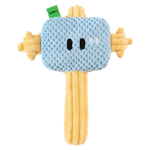Blue bubble plush hammer dog toy with yellow corduroy handle and internal squeaker