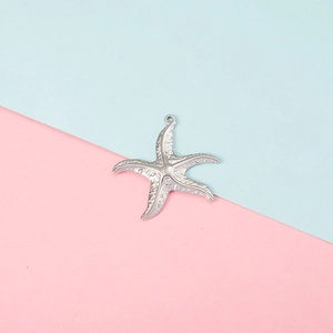 Detailed view of silver starfish pendant with textured metal surface on bicolor background