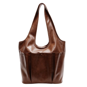 Retro deep brown large capacity PU leather tote bag with functional front double pockets