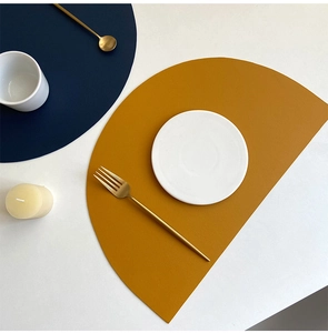 Detail of dark blue and yellow PU leather place mats on table with cutlery