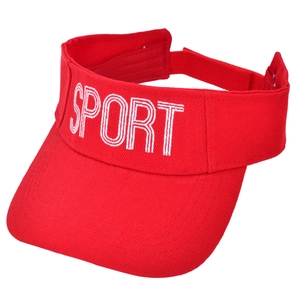 Detail of red sun visor with white 'SPORT' embroidery and adjustable strap for kids