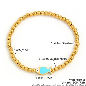 Gold-plated stainless steel beaded bracelet featuring a light blue enamel fish pendant