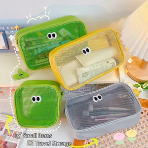 Cartoon Eyes Mesh Makeup Bag Portable Travel Toiletry Pouch Transparent Cosmetic Organizer Handbag Stationery Storage