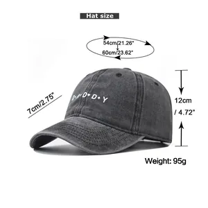 Size chart showing circumference, brim, and height for the DADDY vintage cotton baseball cap