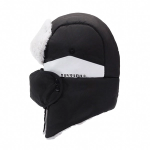 Winter thermal bomber hat with ear flaps and face mask in black windproof fabric
