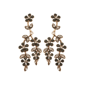 Vintage bronze floral tassel earrings with black and clear crystals in bohemian style
