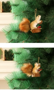 Detail of Christmas squirrel ornament with pine cones and red berries on tree
