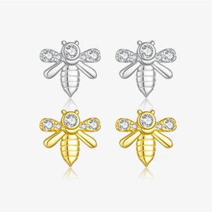 925 Sterling Silver Bee Stud Earrings Animal Rhinestone Inlaid Small Cute Ear Piercing Fashion Jewelry For Women Gift