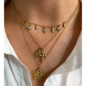 Layered Stainless Steel Necklace Gold Plated Virgin Mary Medal Ball Cross And Textured Star Pendant Rhinestone