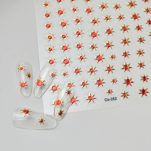 French style 3D nail art stickers with gold star frames and red resin gemstones