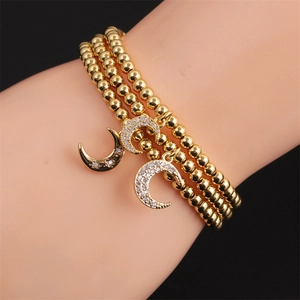 Fashion Copper Gold Plated Round Bead Bracelet With Zirconia Inlaid Crescent Moon Charm Celestial Jewelry For Women