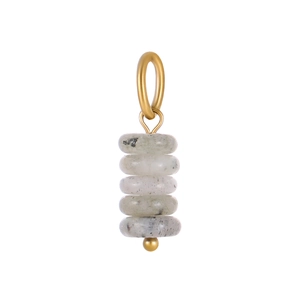 Detail showing five light gray natural stone beads on a gold-plated stainless steel loop