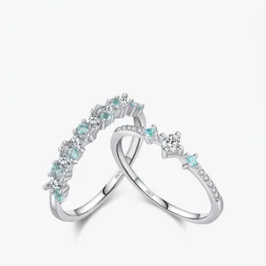 925 Sterling Silver Ring For Women Sparkling White Mint Green Zircon Geometric Row Style Finger Band Elegant Jewelry Gift