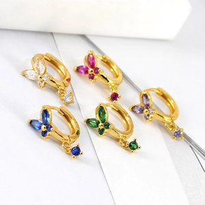 S925 silver needle butterfly hoop earrings with colorful zircon stones in gold plating