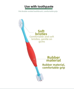 Close-up of dual-head pet toothbrush with non-slip red rubber handle and soft blue bristles