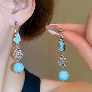 Retro Bohemian Dangle Earrings Alloy Faux Turquoise Water Drop Flower With 925 Sterling Silver Earring Post For Women