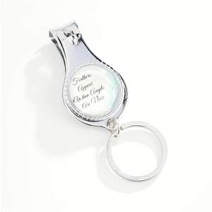 Silver metal keychain nail clipper featuring Feathers Appear When Angels Are Near quote
