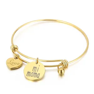 Bracelet Jonc Réglable En Acier Inoxydable Avec Breloques Cœur Love Et Mi Mama Cadeau Fête Des Mères Pour Femmes