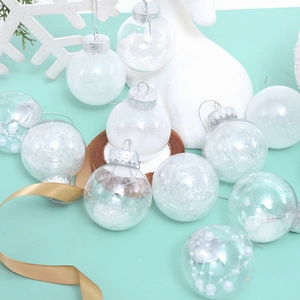 Set of clear Christmas ball ornaments with white glitter and bead fillings for tree decor