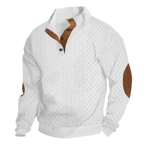 Men's cable knit sweater in white featuring brown suede elbow patches and button neck