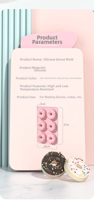 Detailed size chart of a 6-cavity pink silicone donut mold with diverse flower shapes