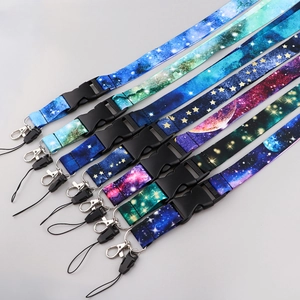 Starry sky polyester lanyards with metal lobster hooks and artistic nebula patterns