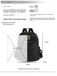 Specifiche dettagliate sulle dimensioni dello zaino in nylon nero con borchie dorate