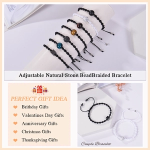 Detail of adjustable natural stone woven bracelets for couples featuring white turquoise
