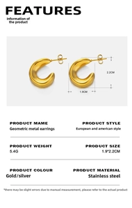 Détails des boucles d'oreilles en C creuses avec dimensions 1,9x2,2cm et poids 5,4g