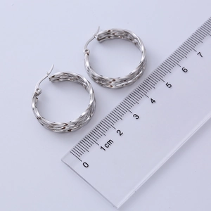 Detailed top view of silver twisted hoop earrings with a ruler showing 2.5cm diameter