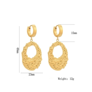 Gold stainless steel irregular textured hoop earrings with dimensions and 12g weight info