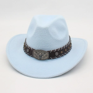 Light blue wool felt western cowboy hat with vintage metal bull head and leather band