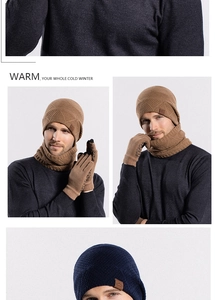Detail of warm winter knit set for men showing hat, neck warmer and touchscreen gloves