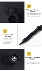 Detail of waterproof switch, ground stake, and high-brightness LED for solar owl light