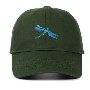 Close-up of fine dragonfly embroidery on a dark green cotton twill baseball cap