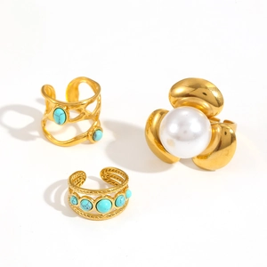Set di anelli in acciaio inossidabile con perle e turchese, design aperto dorato