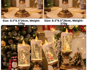 Detail of Christmas LED water globe candle showing retro base and festive snow scene