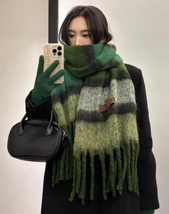 Thick green striped plaid scarf with long tassels for winter warmth and fashion