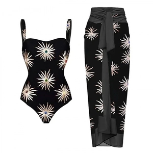 Women's black one-piece swimsuit with sequined floral pattern and matching sarong set