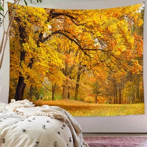 Detailed scene of golden autumn forest tapestry hanging as wall decor in a cozy bedroom
