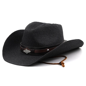 Black straw cowboy hat with brown leather band and adjustable wind rope for sun protection