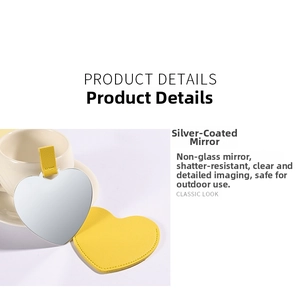 Shatterproof heart-shaped stainless steel mirror with yellow leather case and strap