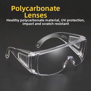 Detail view of clear polycarbonate safety goggles with side slats and anti-scratch lens