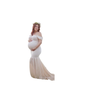 Elegant off-shoulder mermaid maternity dress in beige for professional photography