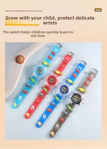 Detail view of colorful 3D cartoon car children's quartz watches in four vibrant colors