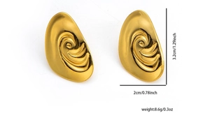 Detailed view of gold irregular oval earrings with unique spiral wave texture design