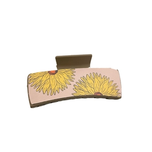 Pink matte square claw clip with sunflower pattern and brown base for women