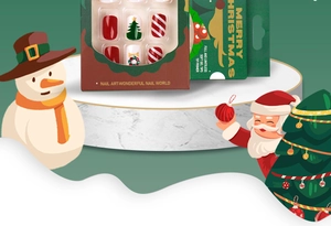 Detail of Christmas press-on nails with red and white candy cane stripes and festive patterns